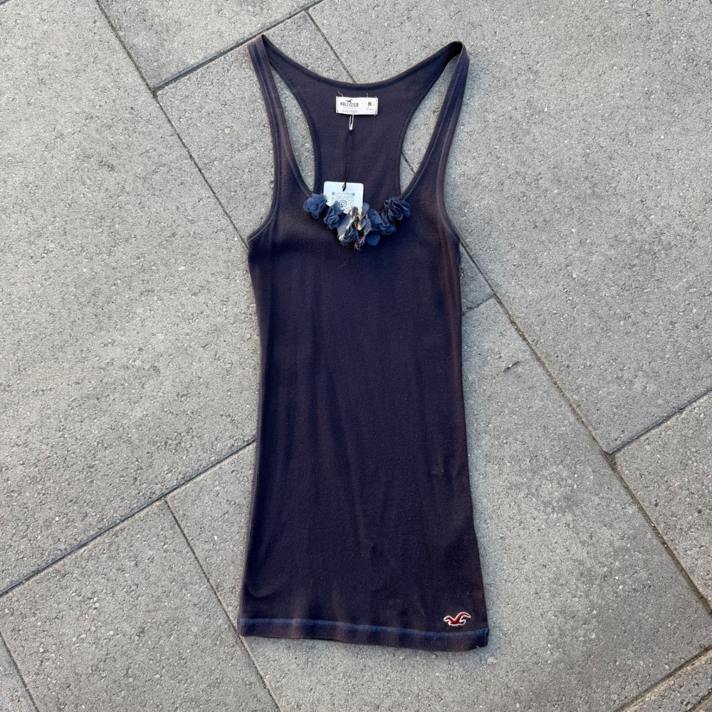 Hollister SoCal Stretch Racerback Tank Top Navy Blue Floral Applique Medium